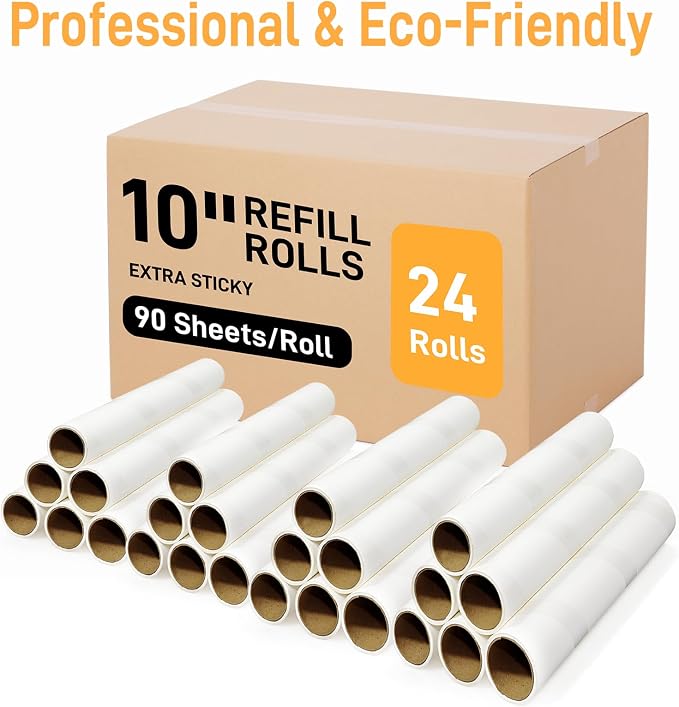 (24PK) 10-Inch Large Lint Roller Refills Extra Sticky Mega Pet Hair Remover Compatible with Evercare/Leo Rolls, Sticky Roller Replacements for Carpet & Bedding (90 Sheets/Roll, Total 2160 Sheets)