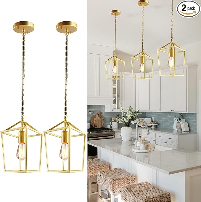 Sheetea 2-Pack Gold Pendant Lights Kitchen Island, Modern Mid Century Light Fixtures Hanging Lamp for Kitchen, Farmhouse Kitchen Pendant Lighting Over Island, Metal Cage Design