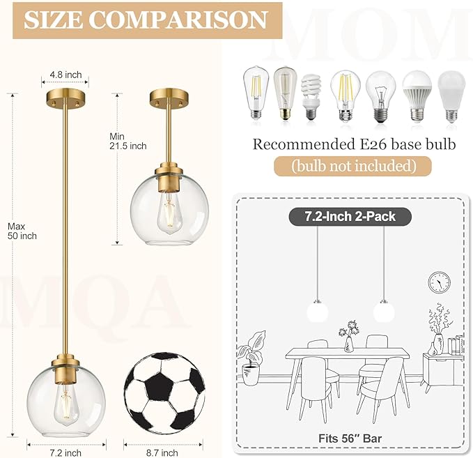 1 Pack 22"-50" Height Adjustable Glass Pendant Lights Kitchen Island, Globe Brushed Gold Pendant Lights with Clear Glass Shade, Mid Century Pendant Light Fixtures Kitchen Pendant Lighting over Island