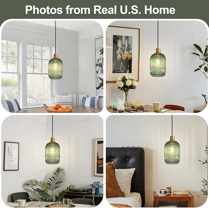 2 Pack 11"-70" Height Adjustable Pendant Lights with Vintage Green Ribbed Glass Lampshade, Brushed Gold Pendant Lights Fixtures for Kitchen Island Lighting Sink, Dining Room (Bulbs Not Included)