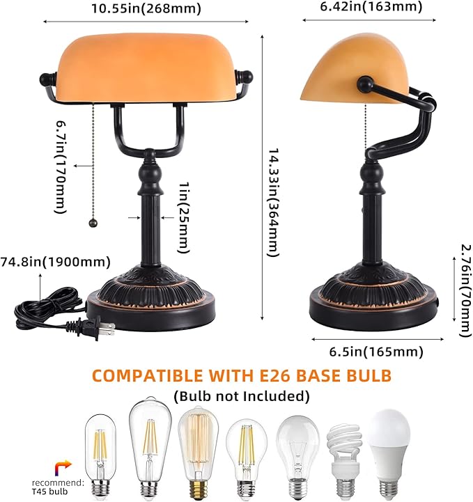 Bankers Desk Lamp with USB-A Port, Rustic Desk Lamp Pull Chain with Yellow Glass Shade, Vintage Banker's Desk Lamp Oil Rubbed Bronze for Home Office Library