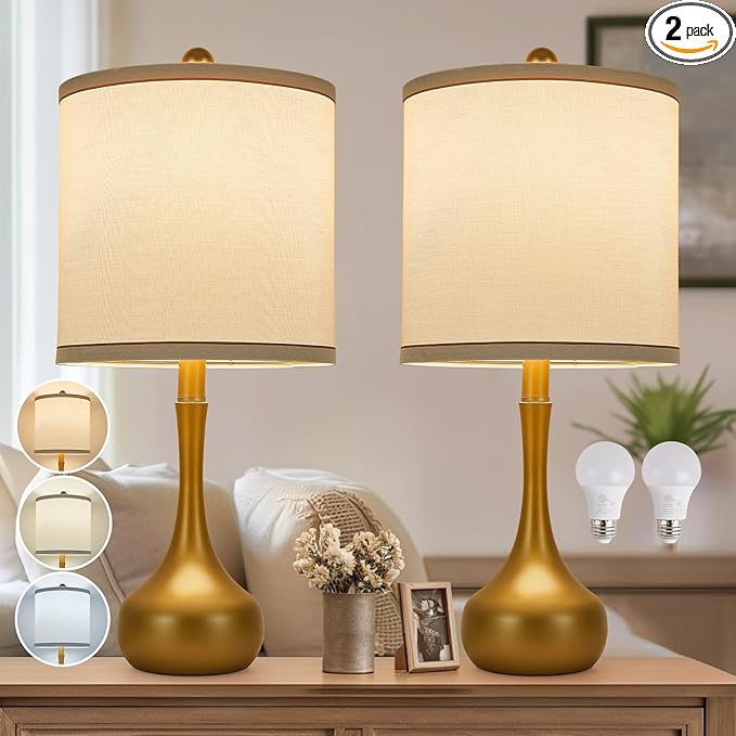 23" Farmhouse Table Lamp Set of 2, Golden Metal Modern Bedside Lamps for Living Room, 3 Color Temperature Rustic Table Lamps for Bedroom, Night Stands, Dorm,Office, Home Décor (Bulb Included)