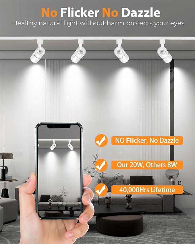 VANoopee 3-Color Zoomable 20W LED Track Lighting Heads H Type Track Light Heads Dimmable Bright Ceiling Spotlight Fixtures for Kitchen, 3000K 4000K 5000K Adjustable, CRI90+ 15°-60° 2000lm White 4 Pack