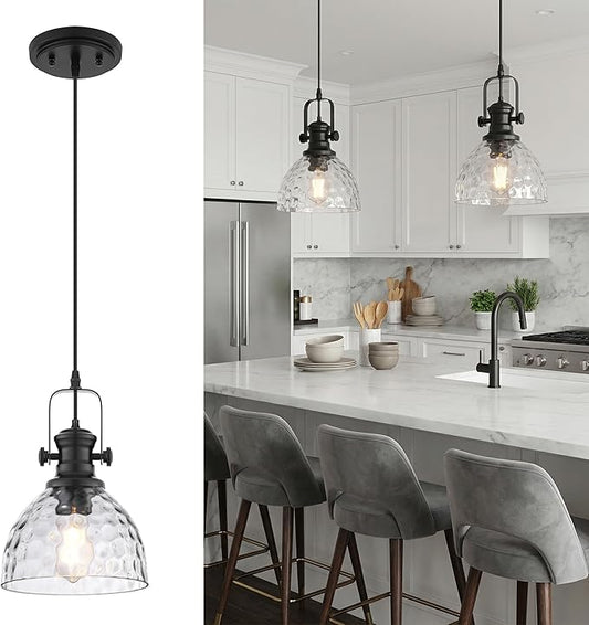 Black Pendant Lights Kitchen Island, 7.5" Farmhouse Pendant Lighting with Hammered Glass Shade, Vintage Hanging Light Fixtures for Dining Room Entryway, Adjustable Cord, AD-22151-1P-BK-H
