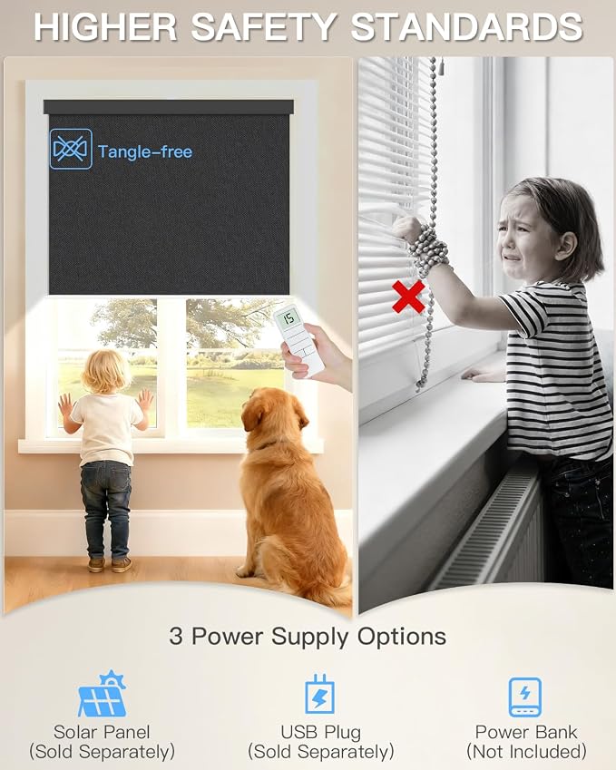 Tokblind Motorized Roller Shade with Remote Control, Blackout Electric Shade for Windows Compatible with Alexa Google via Hub, Rechargeable Smart Window Blind for Home Office (Pure Black)