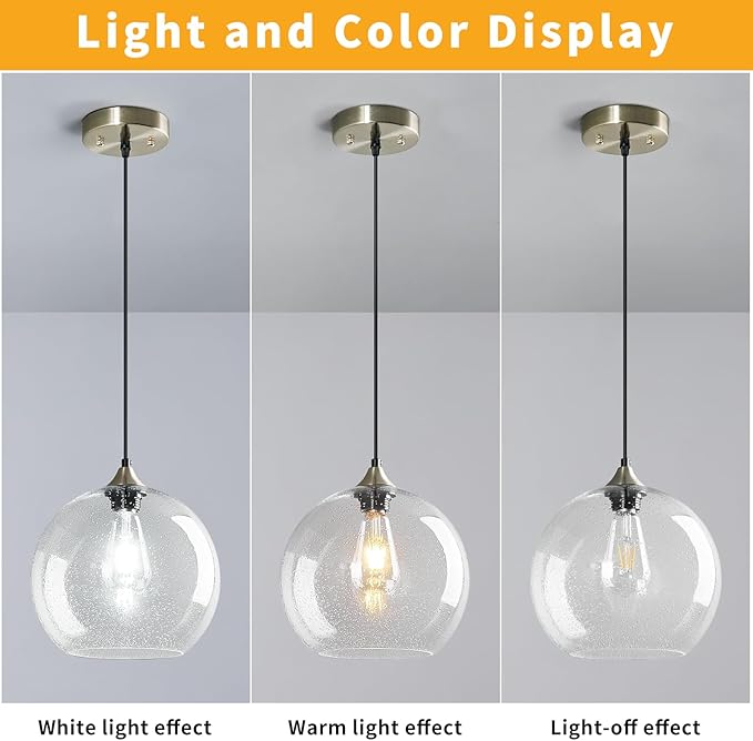 Mikeru Glass Globe Pendant Light Single, 5.9 Inch Clear Bubble Glass Hanging Lamp, Mid Century Modern Pendant Lighting for Kitchen Island Dining Room Bedroom (Bulb Not Included)