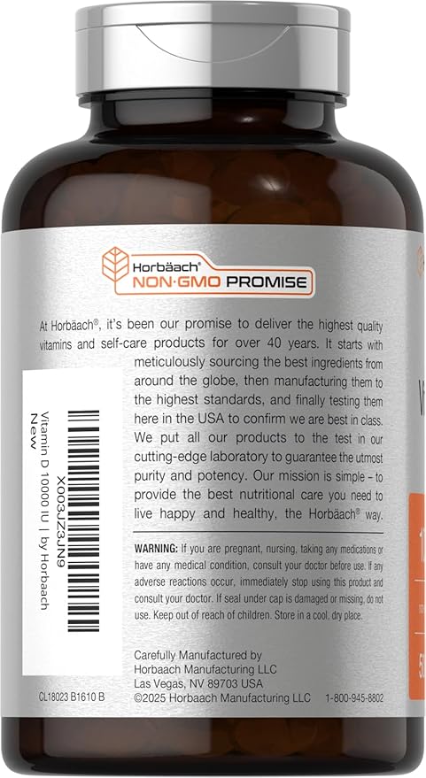 Horbäach Vitamin D3 10000 IU | 500 Softgels | Non-GMO, Gluten Free Supplement | Value Size | 250mcg | High Potency Formula