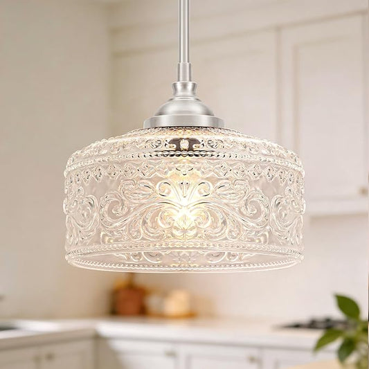 Modern Brushed Nickel Pendant Lights Kitchen Island, Bathroom Pendant Light with Clear Glass, Pendant Lighting over Island with Adjustable Rod, Farmhouse Hanging Light for Dining Room Hallway, E26