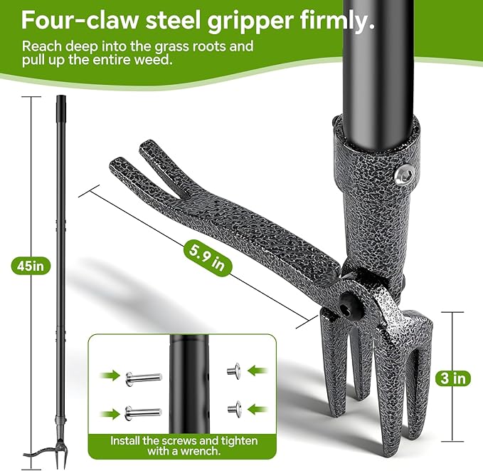 Weed Puller Tool – 45" All-Metal Stand Up Heavy Duty Weeder Hand Tool with 4-Claw Steel Head & Long Handle, Garden Weeding Tool for No Bending or Kneeling, Back & Knee Friendly, Easily Removes Weeds