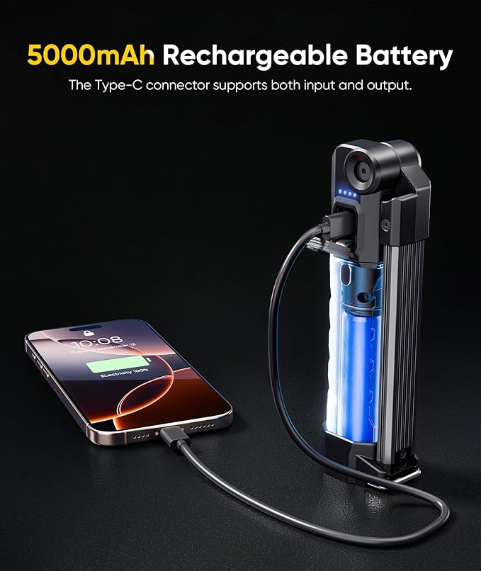 HOTLIGH ZF7885 5000mAh Rechargeable Work Light - 1500 LM Magnetic Flashlight, 4 Mode Mechanic Light with 395nm UV Lighting for Auto Repair, Outdoor Tasks, Fathers Day, Gifts for Men