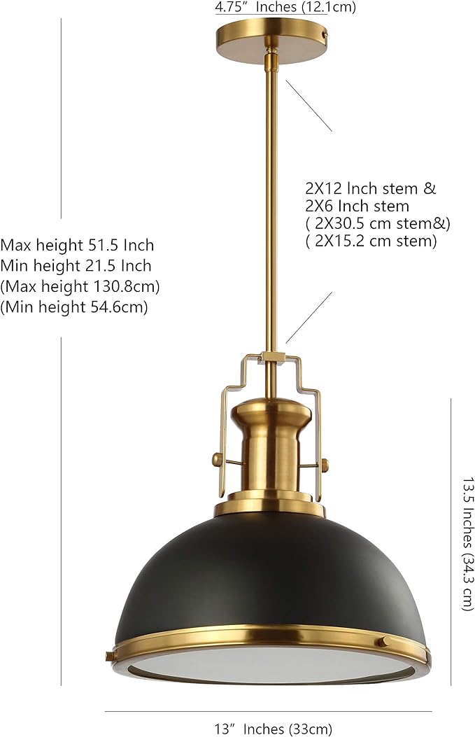 JONATHAN Y 13" Black/Brass Gold Modern Industrial Iron LED Dome Pendant Light, Adjustable Hanging Fixture for Kitchen Island or Entryway, Black Metal Shade, LED Bulb Included (JYL9536A)