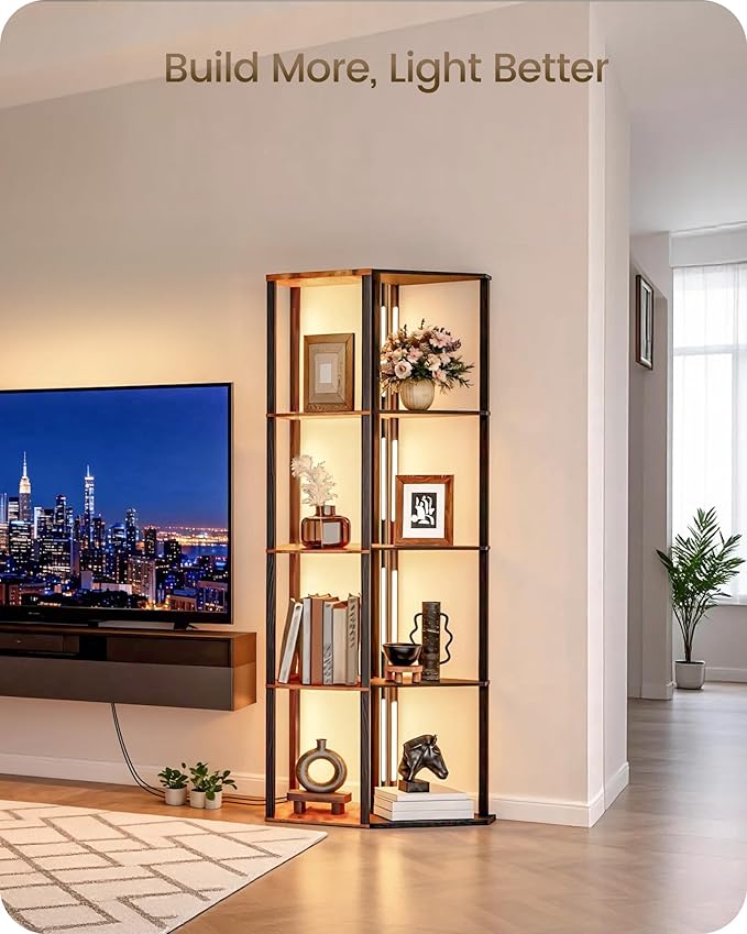 64.2" Display Shelf with Light, Modern Corner Floor Lampe with Shelves, LED Dimmable Standing Lamp with Remote for Living Room, Bedroom, Office, Adjustable CCT, Rustic Brown Square F51LD05