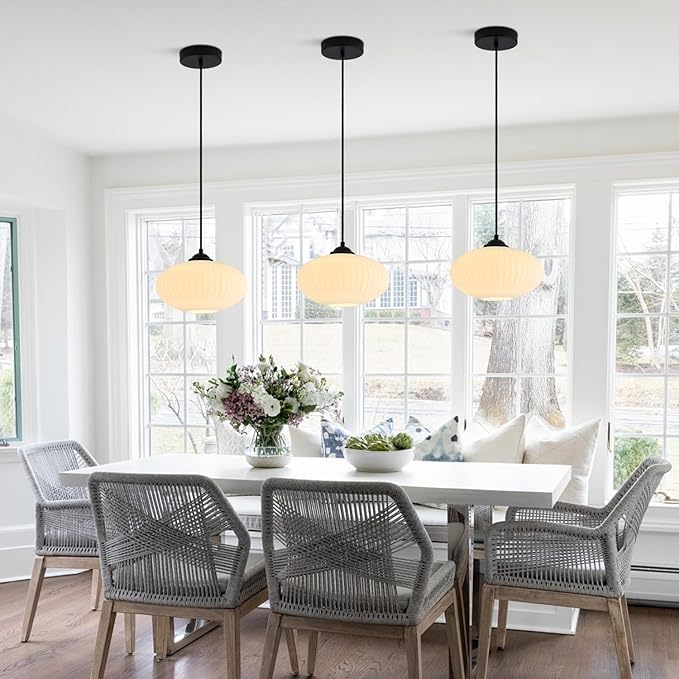 KCO Lighting 9.8" Small Milk Glass Pendant Light Black and White Pendant Light Mid Century Modern Hanging Ceiling Light Fixture