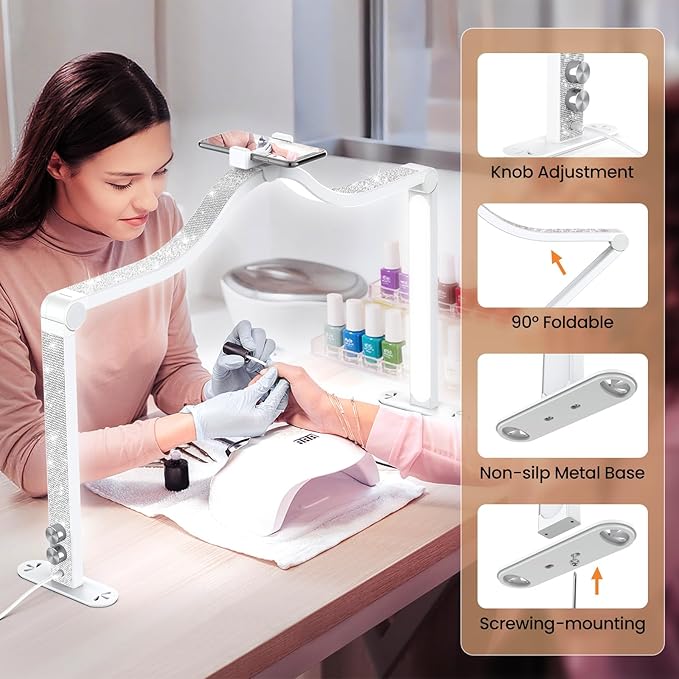 Yokilly Arc Half Moon Light: 34" Shadow-Free Half Moon Light for Desk Salon - Foldable LED Desk Lamp with Stepless Brightness for Manicurist (White)
