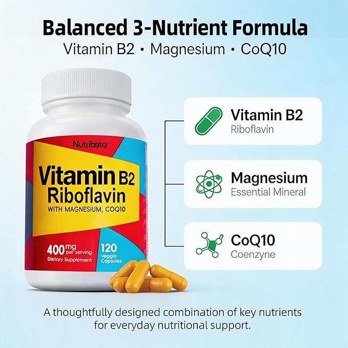 ビタミンB2リボフラビン400mg、マグネシウム＆CoQ10配合、高効能ビタミンB2サプリメント、エネルギー代謝と毎日の健康維持に、植物性カプセル120粒、60日分