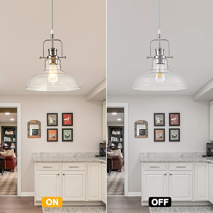 WILON Seeded Glass Pendant Lights,11 Inch Sand Nickel Pendant Lights Kitchen Island with E26 Base Vintage Hanging Ceiling Lamp for Kitchen Sink Hallway Dining Room Entry Hall(Sand Nickel Color)