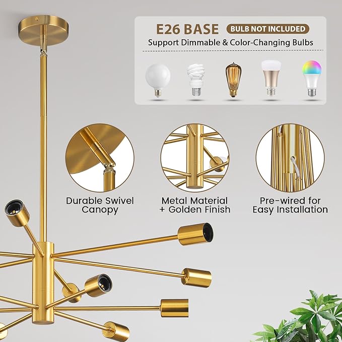 KAISITE Modern Sputnik Chandelier Ceiling Light Fixture 12-Light Gold Chandelier for Dining Room Over Table Height Adjustable Mid Century Industrial Chandelier for Kithchen Living Room Entryway