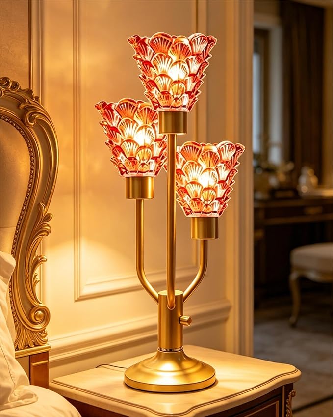 Mid Century Modern Table Lamp Dimmable Nightstand Lamp Red Glass Gold Vintage Desk Lamp 3 Bulbs Included Warmwhite Ambient Bedside Lamps for Living Room Bedroom End Table Office Home Decor