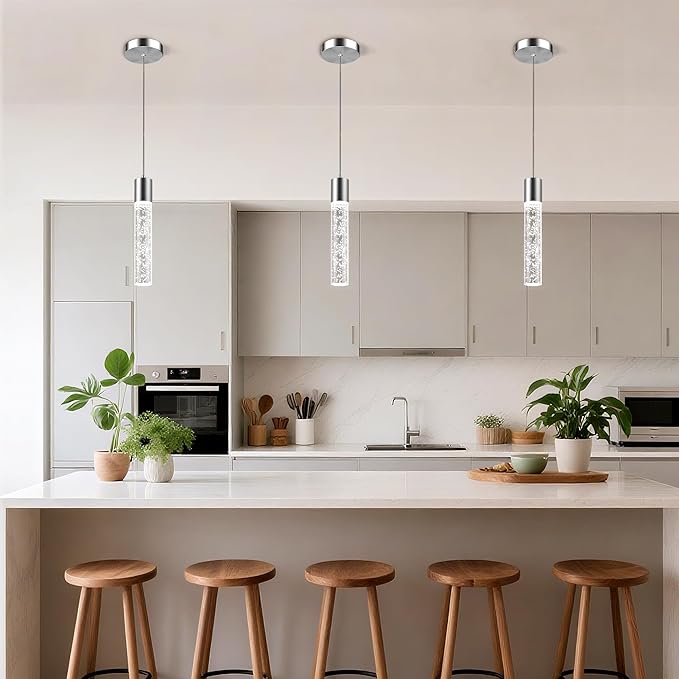 Pendant Lights Kitchen Island, 6500K Modern Kitchen Island Lights Brushed Nickel, 1 Pack Ceiling Lighting Fixtures with Crystal Bubble, Integrated LED Hanging Light for Dining Room Restaurant