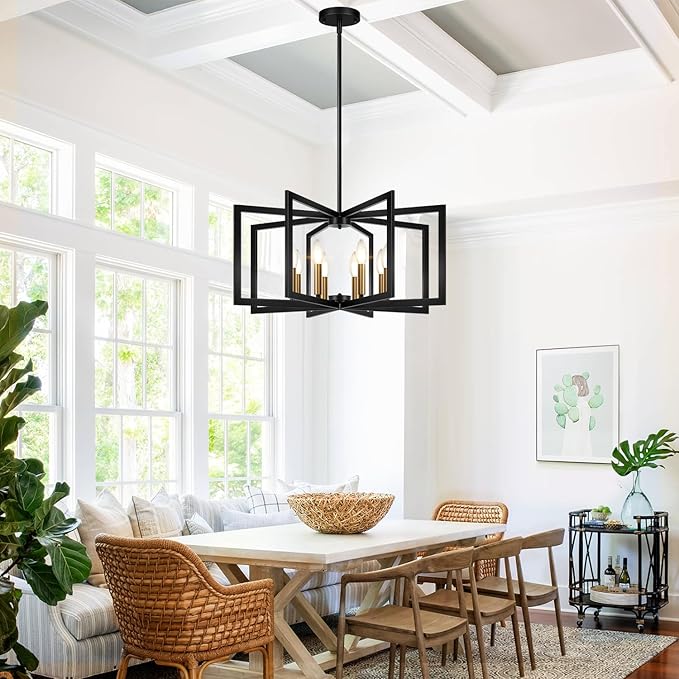25"-61" Height Adjustable Modern Black and Gold Chandelier for Dining Room, No Assembly Required Dining Room Light Fixture Over Table, Industrial Metal Pendant Lights Fixture for Kitchen Island