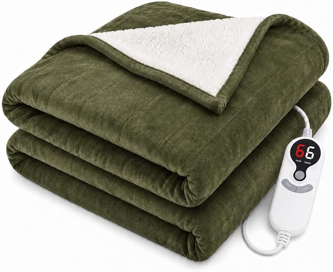 Electric Heated Blanket 72"x84" Full Size, Dual-Sided Flannel & Sherpa, 6 Heat Settings & 1-10H Auto Off, Soft Warm for Home, Office, Bed, Couch, Machine Washable, Ideal Winter Gift, Olive Green