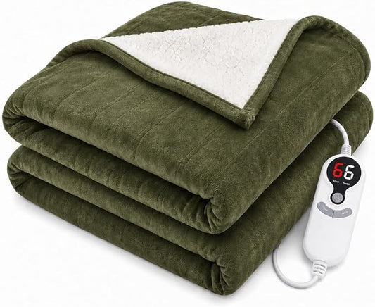 Electric Heated Blanket 72"x84" Full Size, Dual-Sided Flannel & Sherpa, 6 Heat Settings & 1-10H Auto Off, Soft Warm for Home, Office, Bed, Couch, Machine Washable, Ideal Winter Gift, Olive Green