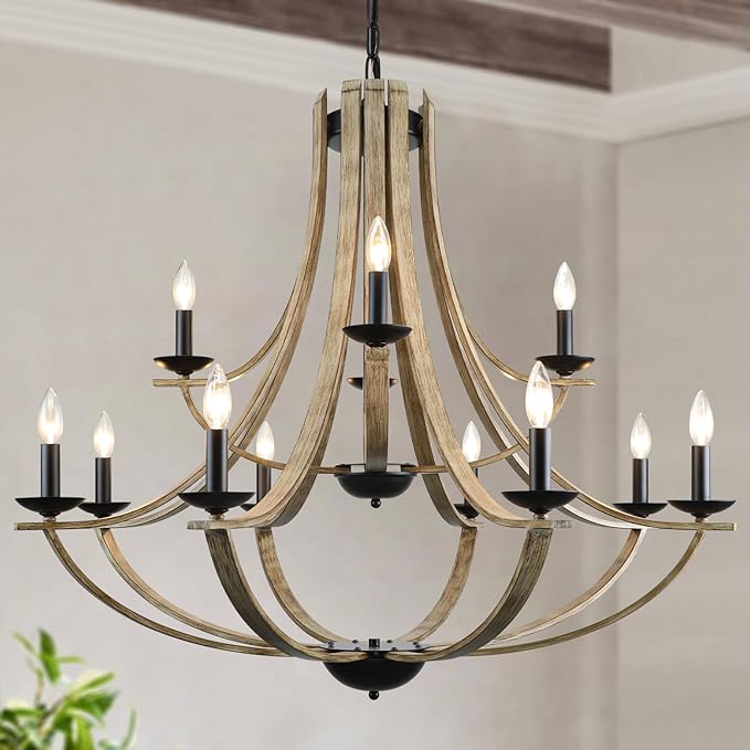 LAMPKEDUO Farmhouse Chandeliers for Dining Room Light Fixture, 2 Tier 12-Light 41" Adjustable Height Retro Faux Wood Texture Rustic Light Fixtures for Living Room Bedroom Kitchen Island Foyer Entryway
