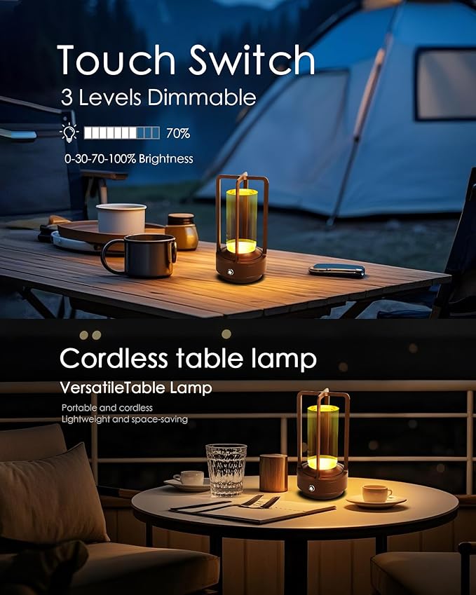 Set of 2 Cordless Table Lamps, LED Rechargeable Battery Operated Desk Lamps with 3 Color Stepless Dimmable, Small Light Portable for Outdoor Patio Bar Restaurants Bedroom Bedside (Brown)