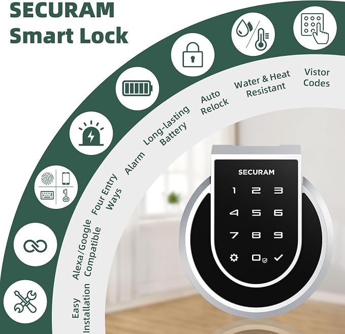 SECURAM Smart Lock Touch - Fingerprint & WiFi Smart Door Lock, Keyless Entry with App Control, Bluetooth Electronic Deadbolt, Compatible with Alexa & Google Home, Keypad Code, Silver