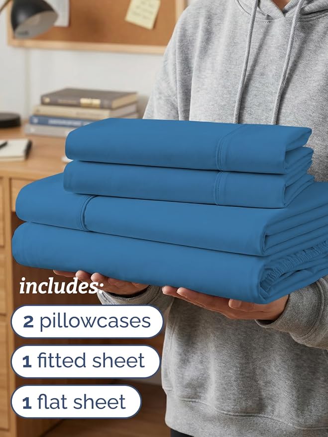 Twin XL 4 Piece Sheet Set - Comfy Breathable & Cooling - Ultra Soft Hotel Luxury Bedding Set w/ 8-16 Inch Deep Pockets - 1 Flat & 1 Fitted Sheet & 2 Pillowcases - Wrinkle Free & Easy Care - Denim Blue