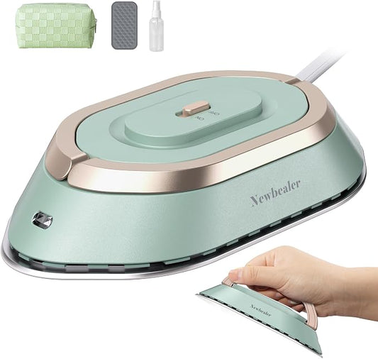 Newbealer Travel Iron Set, 100-240V Mini Dry Iron for Clothes (No Steam) | Max 300W, Heats in 60s, 302℉ Ceramic Soleplate, Handy Heat Press, 0.8lbs Lightweight for Quick Touch-ups Worldwide (Green)