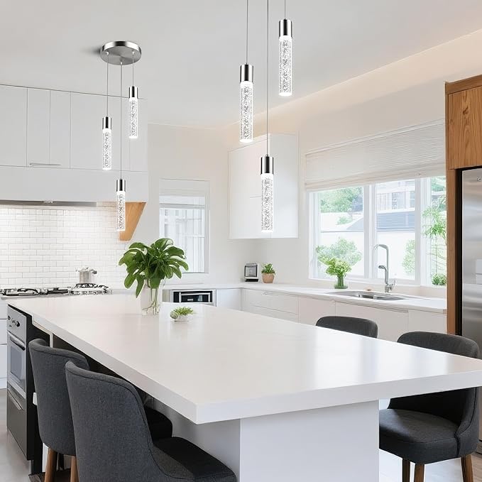 Pendant Lights Kitchen Island, 6500K Modern Kitchen Island Lights Brushed Nickel, Ceiling Lighting Fixtures with Crystal Bubble, Integrated LED Hanging Light for Dining Room 1 Pack(3-Light)