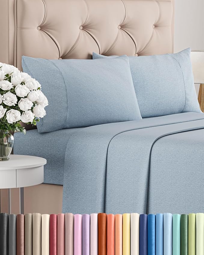 Twin 4 Piece Sheet Set - Comfy Breathable & Cooling - Soft Hotel Luxury Bedding Set with 8-16 Inch Deep Pockets - 1 Flat & 1 Fitted Sheet & 2 Pillowcases - Wrinkle Free & Easy Care - Heathered Blue
