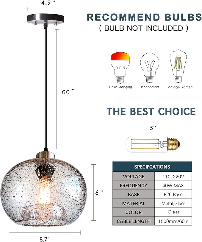 CASAMOTION Handblown Glass Pendant Lighting Drop Ceiling Lights, Modern Rustic Hanging Light Clear Seeded Glass with Black Marble, Brushed Nickel Finish, 8.7 Inch Diameter