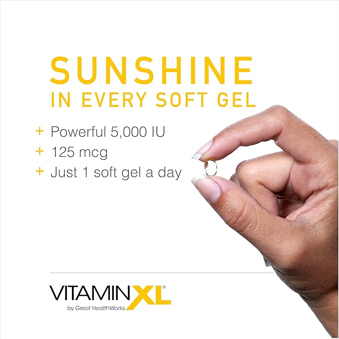 OmegaXL VitaminXL D3 高含有量 毎日摂取用ビタミンD 5000IU 125mcg 免疫サポートサプリメント – 健康的な筋肉機能と丈夫な骨を促進 – 非遺伝子組み換え、グルテンフリー – ソフトジェル30粒 (2個パック)