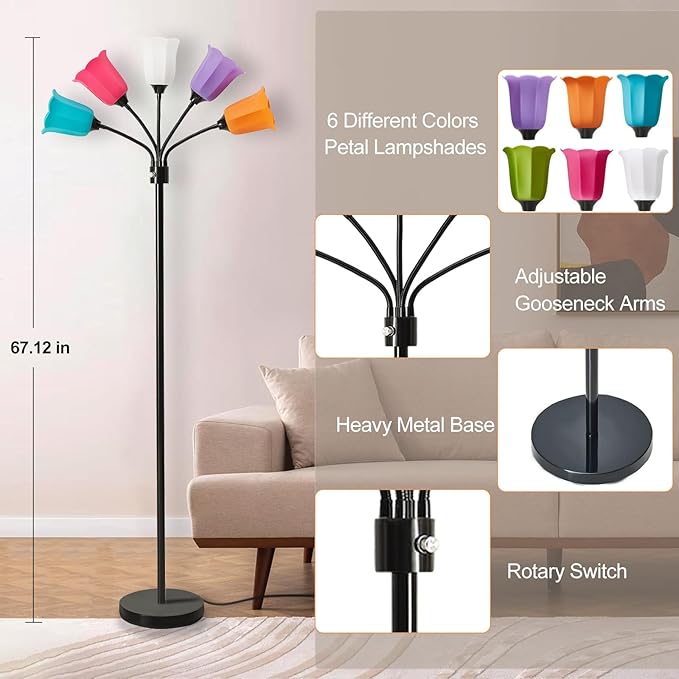 GyroVu Medusa LED Floor Lamp, Multi Head Modern Tall Lamp with Adjustable Gooseneck Standing Lamps Led Tall Lamp for Living Room Bedroom Kids Room Office 6 Color Lampshades Bulb Not Included Black