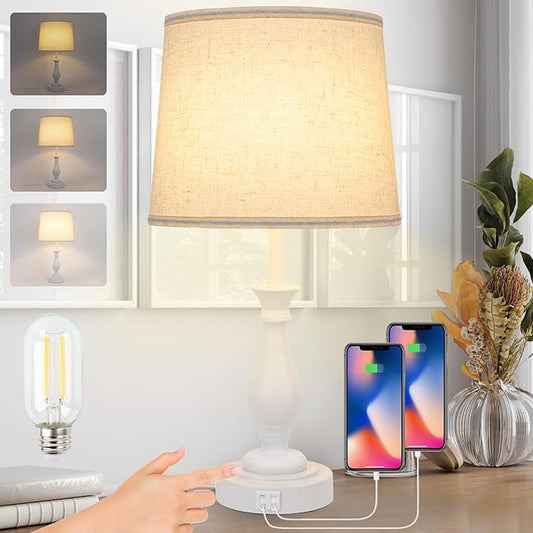 LALISU Farmhouse Table Lamp Touch Control 3-Way Dimmable Table Lamp, Modern Nightstand Lamp with 2 USB Port Bedside Desk Lamp with Fabric Shade for Living Room Bedroom Hotel (Pack 1-Off White)