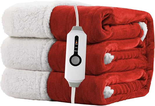 Electric Heated Blanket Twin Size 62"x84" – ETL Certified for Safe Overnight, 4 Heat Settings & 10H Auto Off, Dual-Sided Microplush Sherpa for Home Theater Night, Machine Washable – Red