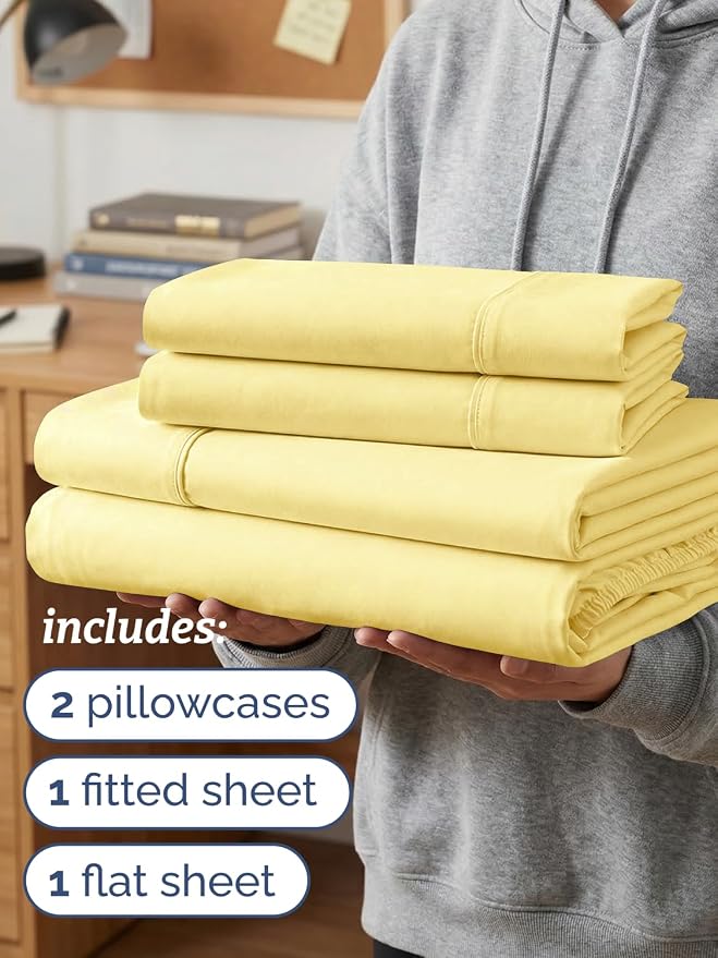 Twin XL 4 Piece Sheet Set - Comfy Breathable & Cooling - Ultra-Soft Hotel Luxury Bedding Set with 8-16 Inch Deep Pockets - 1 Flat & 1 Fitted Sheet & 2 Pillowcases - Wrinkle Free & Easy Care - Yellow