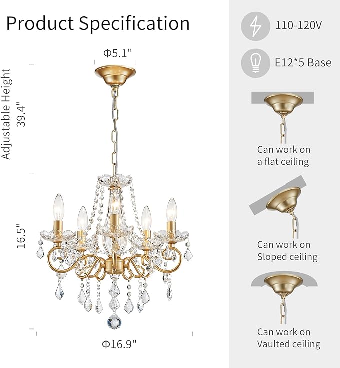 ANJIADENGSHI Mini Crystal Chandelier K9 Crystal Gold Chandelier for Living Room Bedroom Dining Room Kitchen Island Entryway 5 E12 Bulbs High 16.5 in x Diameter 16.9 in, Golden