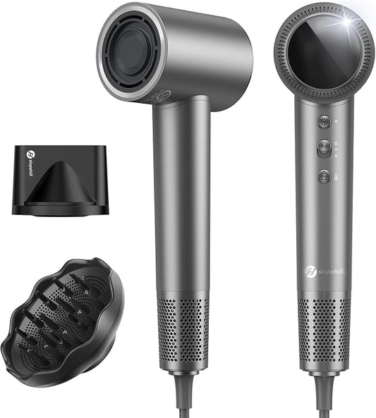 slopehill 110,000 RPM Professional Hair Dryer - 0.8lb Ultra-Lightweight, 2 Billion Ion Technology for 98% Frizz Reduction, AI Smart-Temp Control, Magnetic Attachments for All Hair Types (Dark Grey)