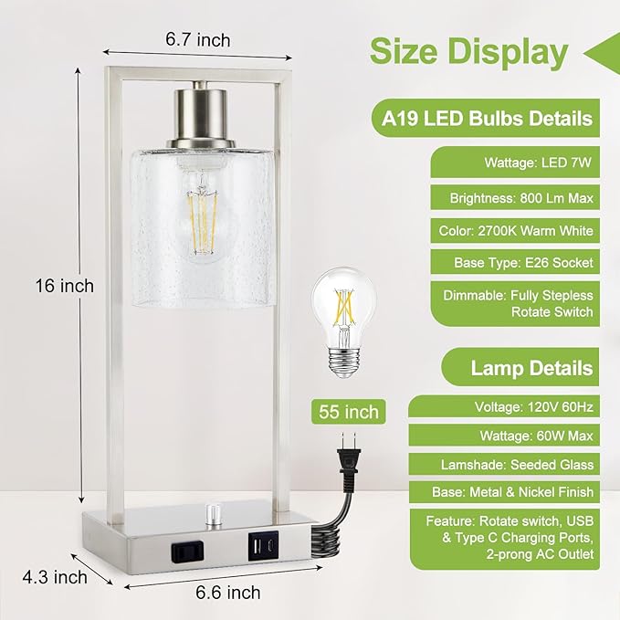 16" Desk Lamps for Home Office, Bedside Lamps with USB C+A Ports and Outlet, Nickel Fully Stepless Dimmable Industrial Table Lamps with Seeded Glass Shade for Reading Living Room, LED Bulbs Included