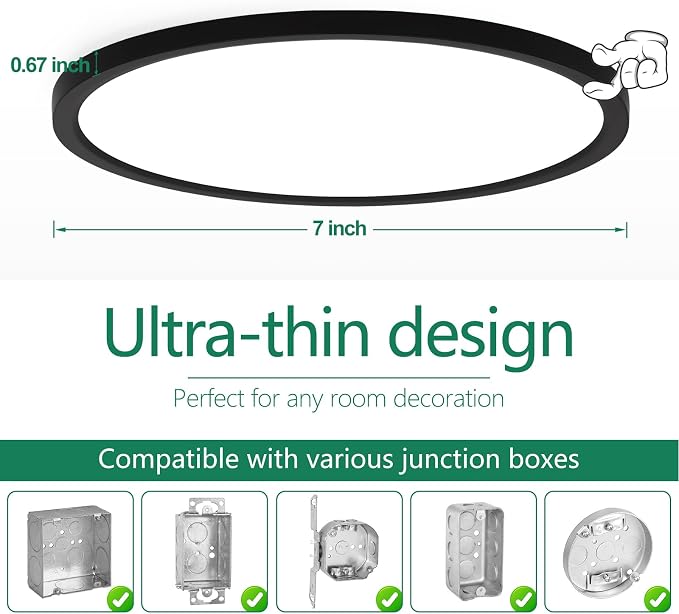 Brightever Black Flush Mount Ceiling Light, 7 Inch 12W, Super Slim 0.67 Inch 1200LM LED Ceiling Light Fixtures, Dimmable & 2700K/3000K/4000K/5000K/6500K 5 Color in One Ceiling Lamp for Closet, 2 Packs