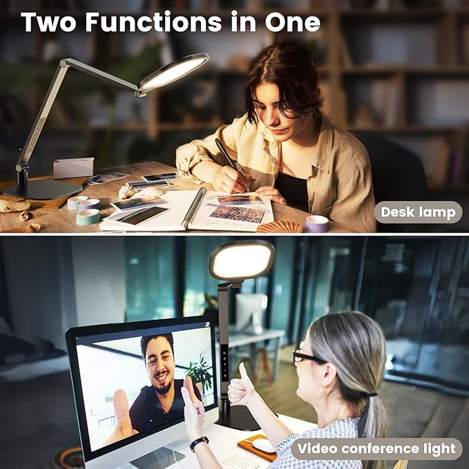 Desk Lamp for Home Office, 1200LM Computer Zoom Lighting with CRI >95, Memory & Timer Function, Dimmable Desktop Ring Light for Video Calls, Conference, Reading, Streaming, Podcasting, 3000K-6500K