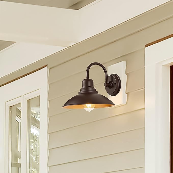 GOLDHILL 10.5" Bronze Gooseneck Metal Outdoor Barn Light, Powder Coated Farmhouse Porch Light with Gold Interior, Wet Location Rated Exterior Sconce for Porch, Garage, Bathroom Vanity