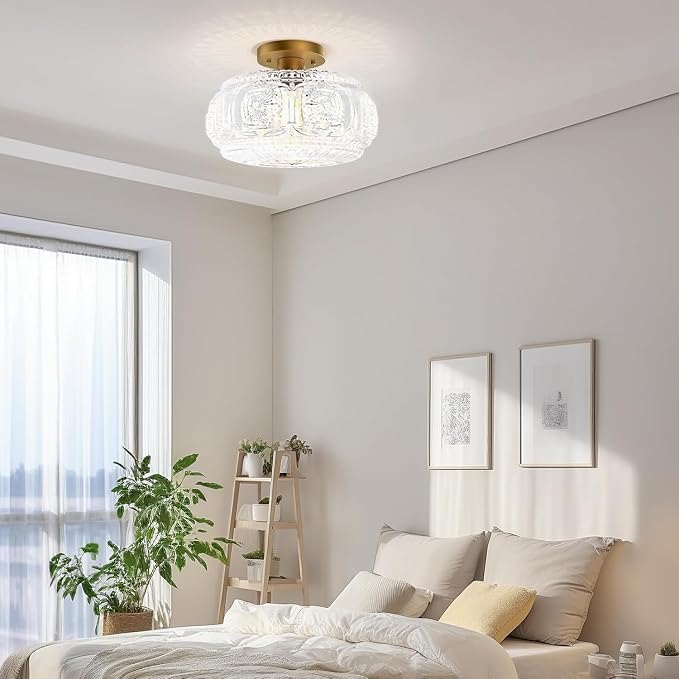 Semi Flush Mount Ceiling Light, Upgraded 12 inch Larger Gold Glass Ceiling Light Fixture, Vintage Lighting for Hallway Kitchen Bedroom Dining Room, Bulb Not Included