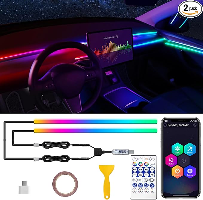 Dreamcolor Acrylic Interior Car LED Strip Light with USB/Type C, RGB 2 in 1 with 110.2 inches LED Strip, Dynamic Chasing Music Sync Neon Ambient Lighting Kits