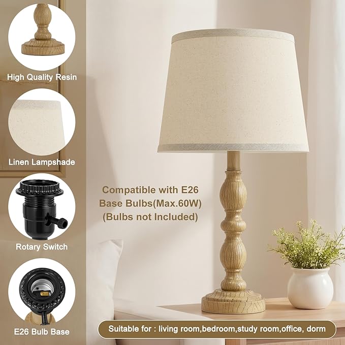 GyroVu 20.5" Table Lamps for Nightstand Set of 2, Farmhouse Lamps for Bedroom, Small Desk Lamps for Living Room, Linen Shades, Knob Switch, Bedside Lamps for Reading, Office (Brown)
