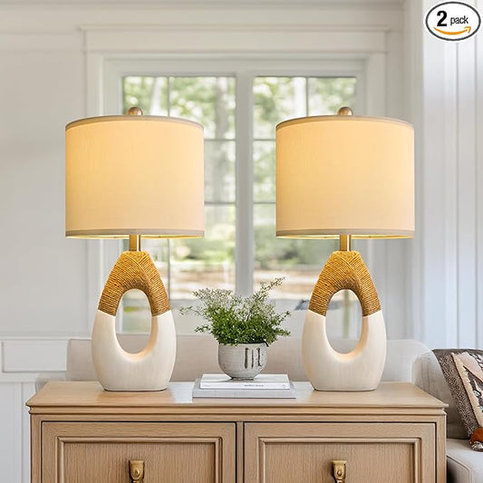 OYEARS 22” Boho Table Lamps for Bedroom Living Room Upgraded Set of 2 Medium Farmhouse Rattan Table Lamps, Rustic Home Decoration Nightstand Bedside Lamp for Office (Not Include Bulbs)