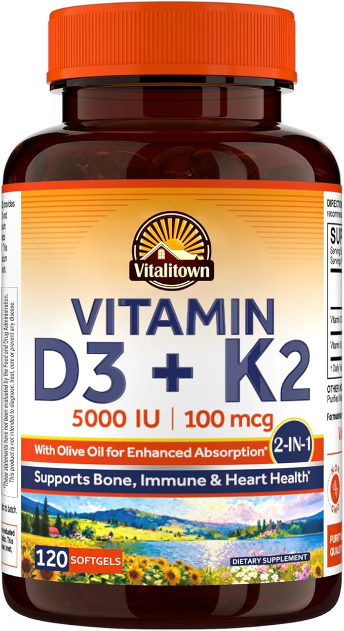 Complément Vitamine D3 K2 Vitalitown, D3 5000 UI, Vitamine K2 MK-7 100 mcg, Sans OGM, Sans Gluten ni Soja, pour la Santé des Os, des Dents, du Système Immunitaire et Cardiaque, 120 Gélules Molles